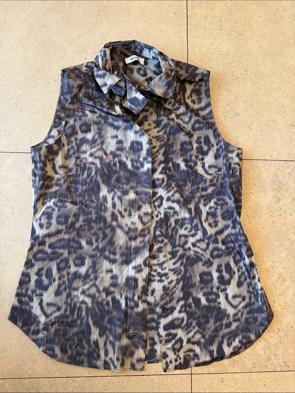 Moschino Sleeveless Leopard-Print Button-Down Top in Black and Gray